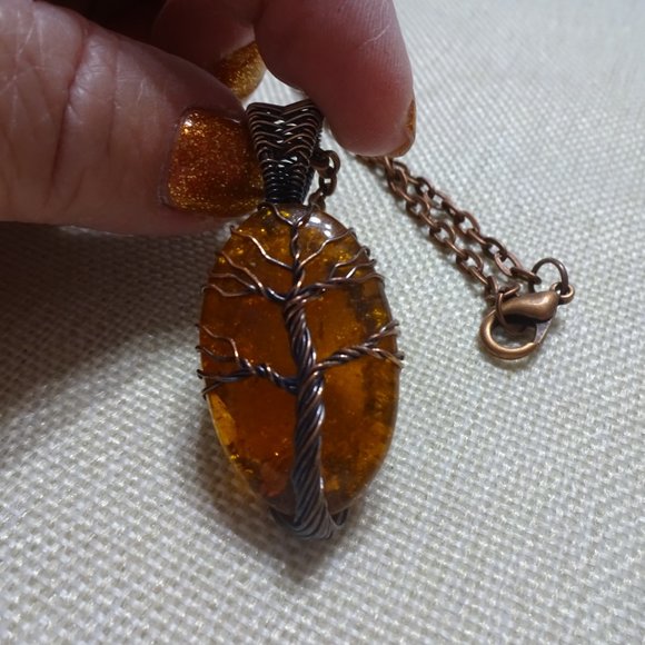 Rustic "AMBER" Handmade COPPER WIRE-WRAPPED TREE Pendant/Chain #705B - Picture 3 of 4